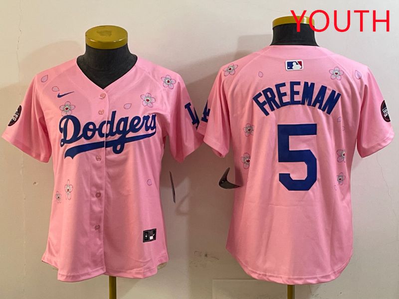 Youth Los Angeles Dodgers #5 Freeman Pink Sakura Edition 2025 Nike MLB Jersey style 5->youth mlb jersey->Youth Jersey